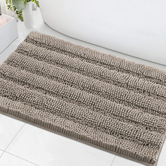 H.VERSAILTEX Bath Mats for Bathroom Non Slip Extra Thick Chenille Striped Bath Rug 24" x 36" Absorbent Non Skid Fluffy Soft Shaggy Rugs Washable Dry Fast Plush Mats for Indoor, Bath Room, Tub - Taupe