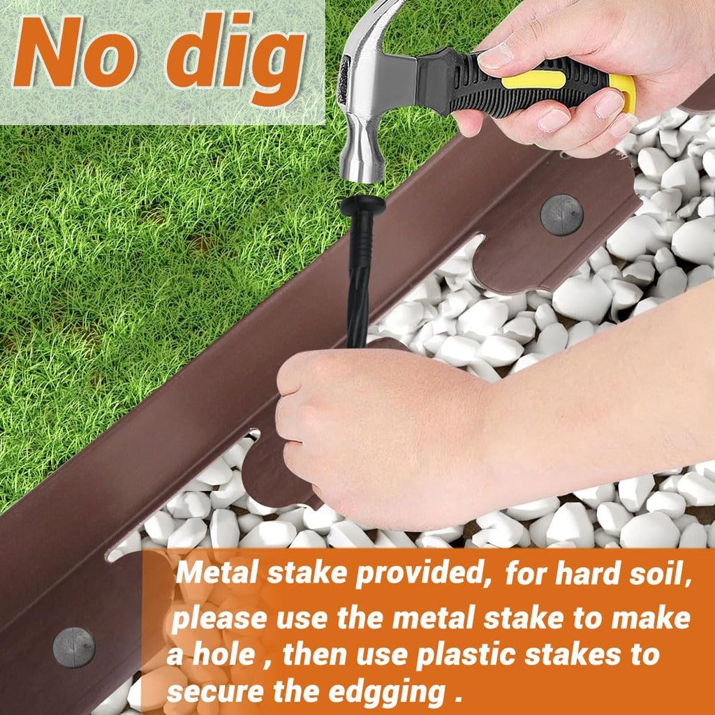 Landscape Edging Border, Plastic Edging for Landscaping, Garden Edging Border,Lawn Edging,Garden Borders,Flower Bed Edging no dig,Rubberific Landscape Edging, (Plastic Stakes, Brown-66Feet)