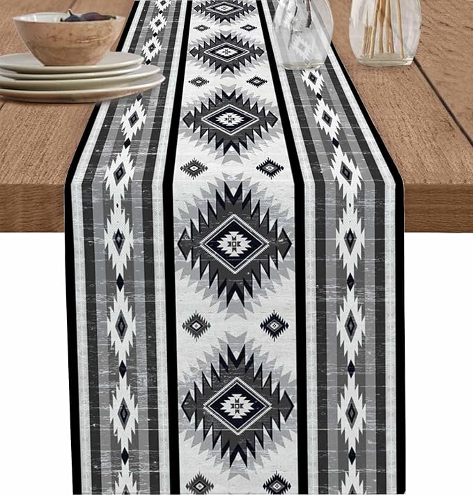 Aztec Southwest Cotton Linen Table Runner for Dining Kitchen, Wedding Outdoor Party Tablerunners Decoration, Boho Ethnic Tribes Vintage Grey Dresser Scarf Coffee Tablecloth Runners 13x90 Inches
