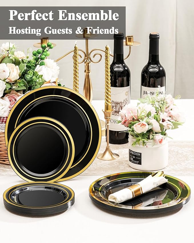 200PCS Black Plastic Plates Set with Gold Rim, 100 10.25 inch Dinner Plates and 100 7.5 inch Dessert Plates, Premium Disposable Plates forfor Party, Wedding, Holiday,And Halloween