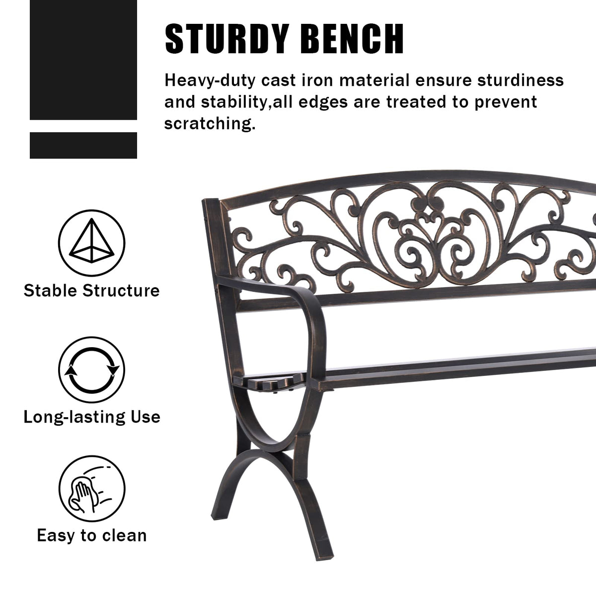 MFSTUDIO 50 Inches Outdoor Garden Bench Cast Iron Metal Frame Floral Bronze