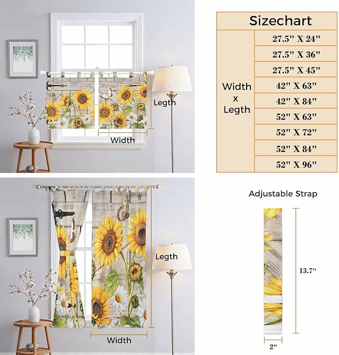 Farm Flowers Kitchen Curtains 36 Inch Length, Small Window Curtains Tab Top, Retro Sunflowers Barn Doors Butterfly Wood Board Light Filtering Short Window Treatments Tier Drapes 27.5"x36" 2 Panel