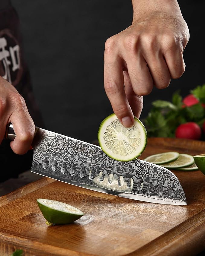 HEZHEN Damascus Kitchen Knives Set, Damascus Steel Japanese Style Chef Knife Utility Knife Santoku Knife,Figured Sycamore Wood Handle