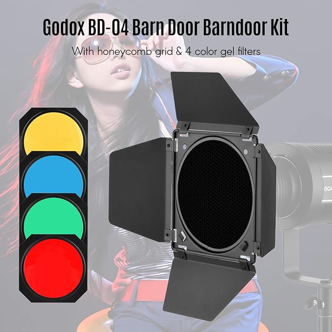 GODOX Barn Door with Honeycomb Grid 4 Color Gel Filters for 7 Inch Standard Reflector Replacement for GODOX SL60W SL150II SK400II Studio Light Portrait Still Life Photography