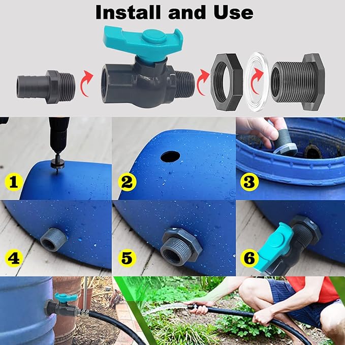 Rain Barrel Spigot PVC Faucet Kit with Bulkhead Fitting, Ball Valve, Garden Hose Barb Adapter, Pipe Clamps, Thread Seal Tape (16mm ID Hose)