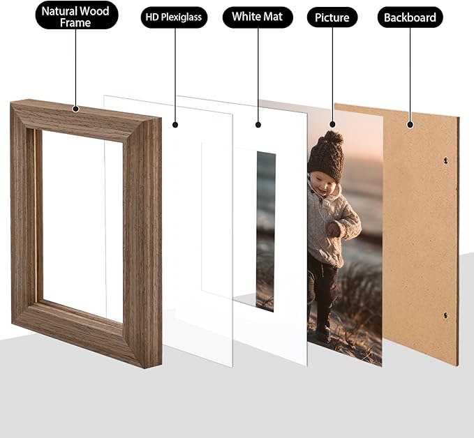 KINLINK A4 Picture Frame, Brown Solid Wood Frames with Acrylic Plexiglass for Pictures A5 with Mat or A4 without Mat, Tabletop and Wall Mounting Display 4 Pack