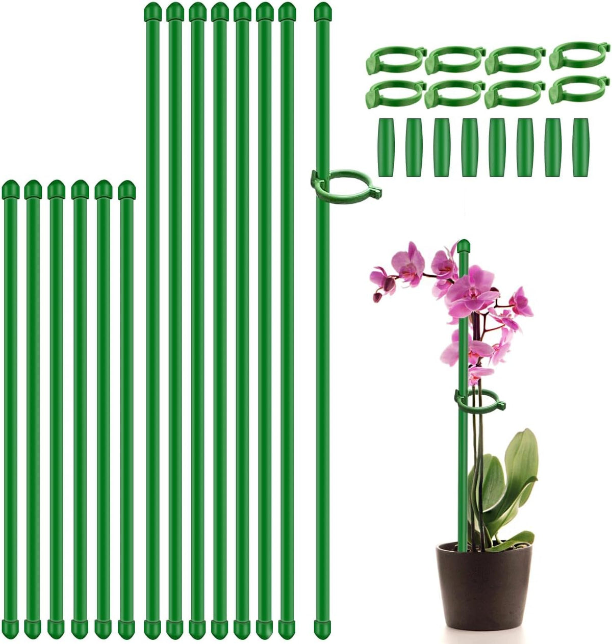 Plant Stakes 17inch &11inch SupKing Adjustable Length Plant Support Stake 16Pcs Green Orchid Stick with Clips for Indoor Outdoor,Garden Pole for Potted Tomato Amaryllis Vegetables Comes with 20 Ties
