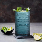 Hobnail Drinking Glasses Set of 6, Vintage Colored Glassware 14.5oz, Tall Beverage Glass Cups for Water, Juice, Cocktail (Blue)