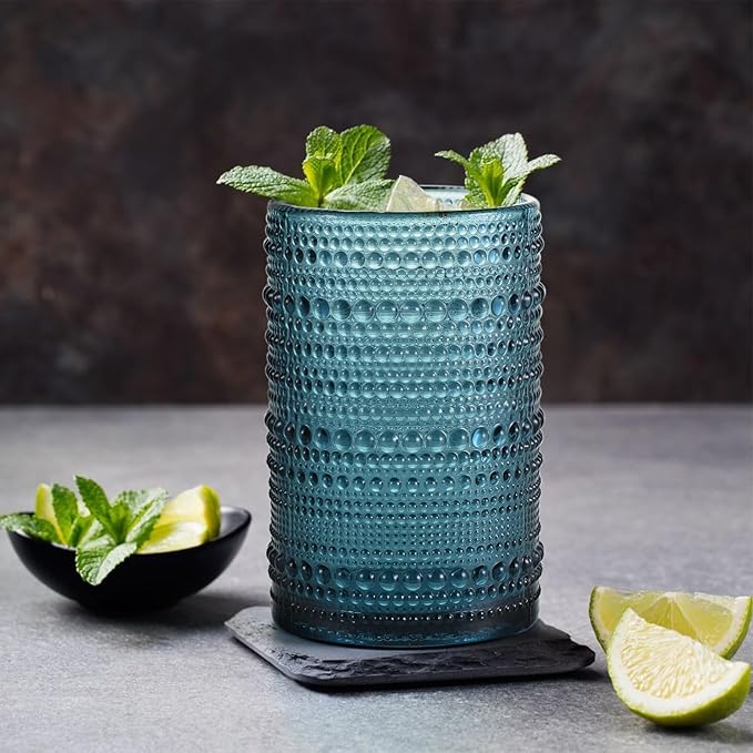Hobnail Drinking Glasses Set of 6, Vintage Colored Glassware 14.5oz, Tall Beverage Glass Cups for Water, Juice, Cocktail (Blue)