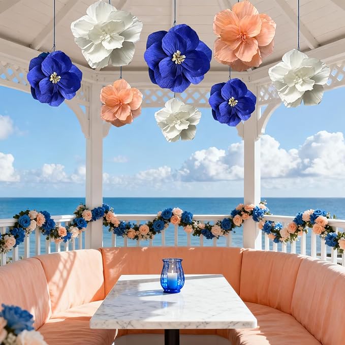 BRT Bearingshui Crepe Paper Flowers Decoration for Wall Total 9 Pcs, Artificial Flowers Backdrop for Wedding Decor Baby Bridal Shower Birthday Party, Navy Blue Coral White 3D Wall Flowers Decor