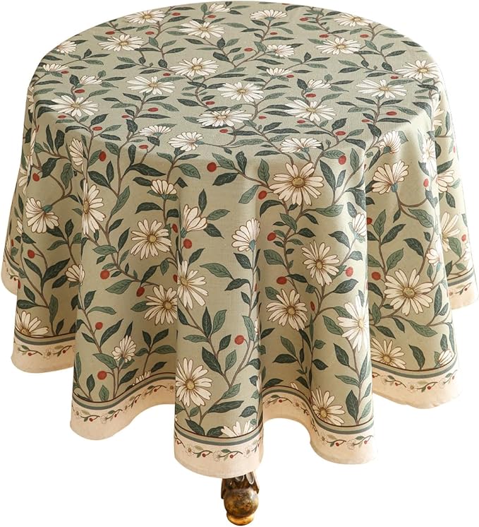 ISAENNE Designer Green Linen Small Round Tablecloth,Floral French Country Indoor Table Cloth,Stain Resistant Home Decor Tablecloths for Dining Kitchen Thanksgiving Party,Diameter 55"-Brune
