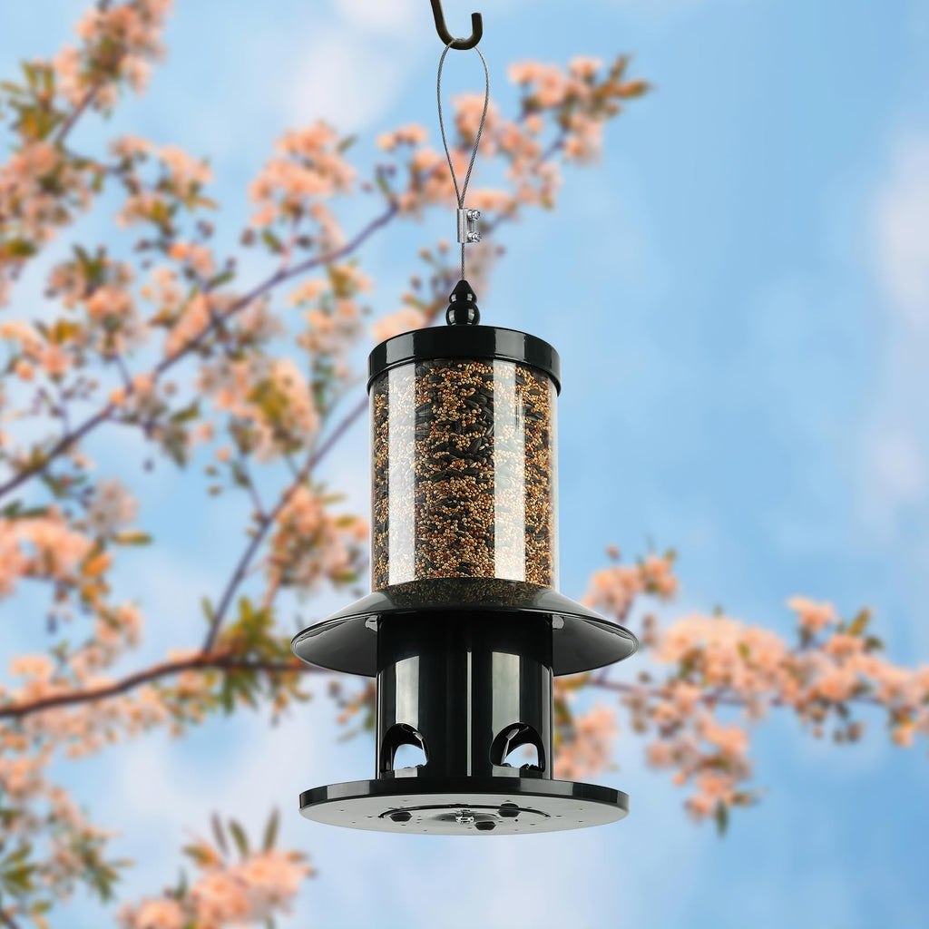 Squirrel Proof Bird Feeder - 360° Feeding Perch Tray for Outdoor Hanging Wild Bird Seeds, Dark Green.