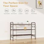 3 Tier Shoe Rack 33" Wide Metal Shoe Organizer Long Shoe Storage with 4 Side Hooks Sturdy Shoes Shelf for Front Door Entrance, Closet, Garage, Dorm, Brown