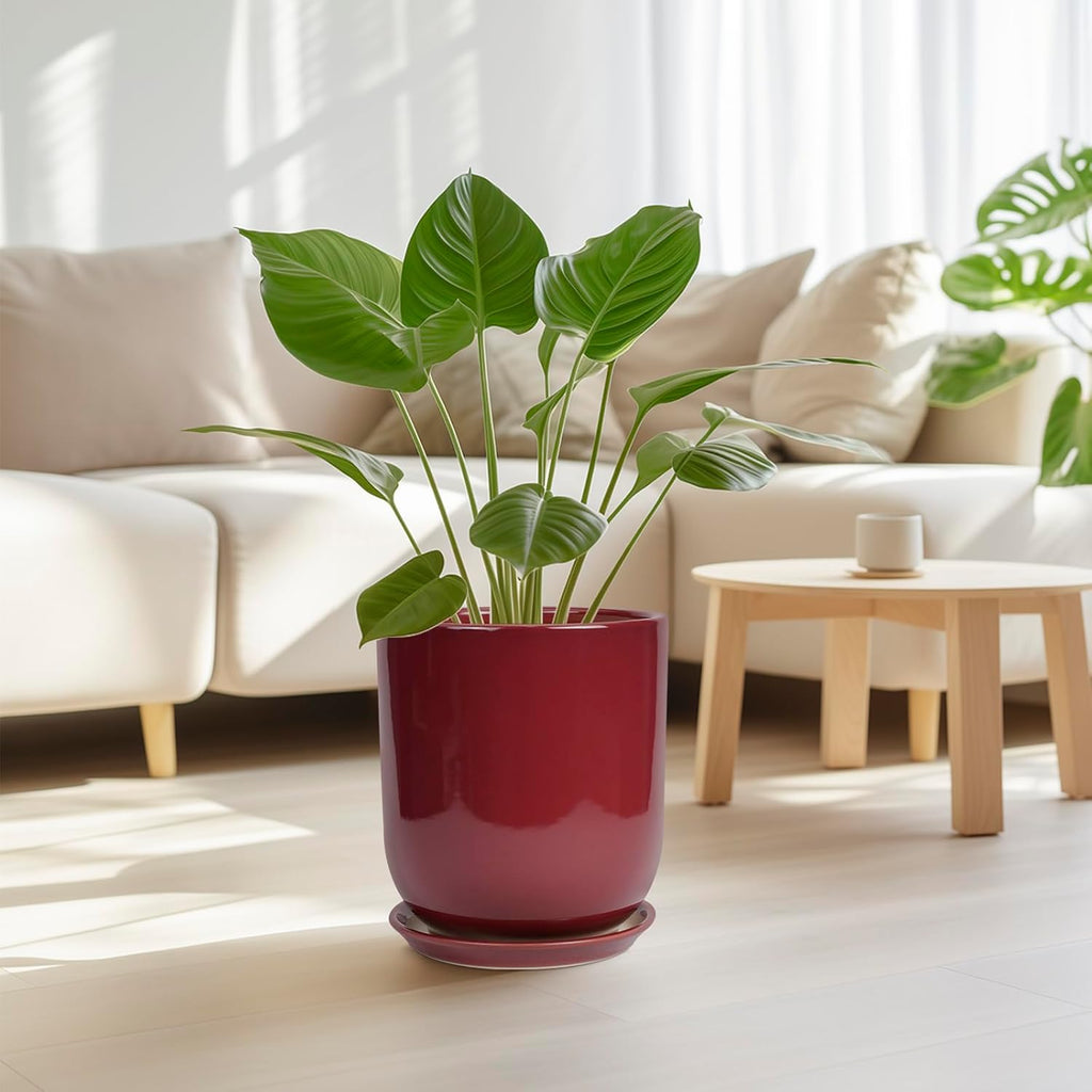 Ceramic Planter for Plants - 10 Inch Plant Pot Indoor with Drainage Hole and Saucer Modern Large Outdoor Planter Flower Pot for Home Decor Red
