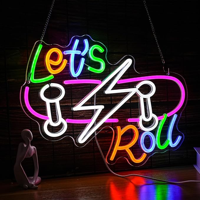 Let’s Roll Neon Sign Dimmable LED Skateboard Sign Light USB Cool Neon Light for Skateboard Shop Sports Bar Party Bedroom (16.5 * 12.2 In)