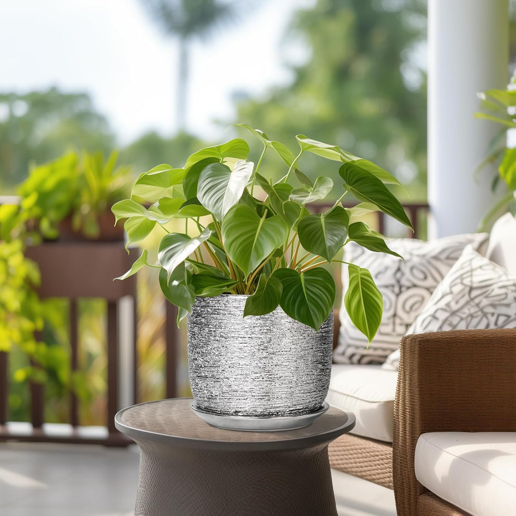 Ceramic Pot for Plants 8 Inch - Ceramic Flower Pot Indoor with Drainage Hole and Saucer, Decorative Round Indoor Planter, Plant Lover Gifts, Patio Home Office House Decor, Silver