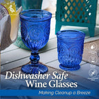 Yungala Cobalt Blue Wine Glasses Set of 6 Blue Goblets - Handcrafted Vintage Glassware with Sunflower Motif, Dishwasher Safe Cobalt Blue Glassware
