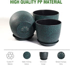 12/10/9 Large Modern Plant Pots, Plastic Planters with Drainage Holes and Saucers for Indoor Outdoor Plants Flowers, Black with Green Speckles