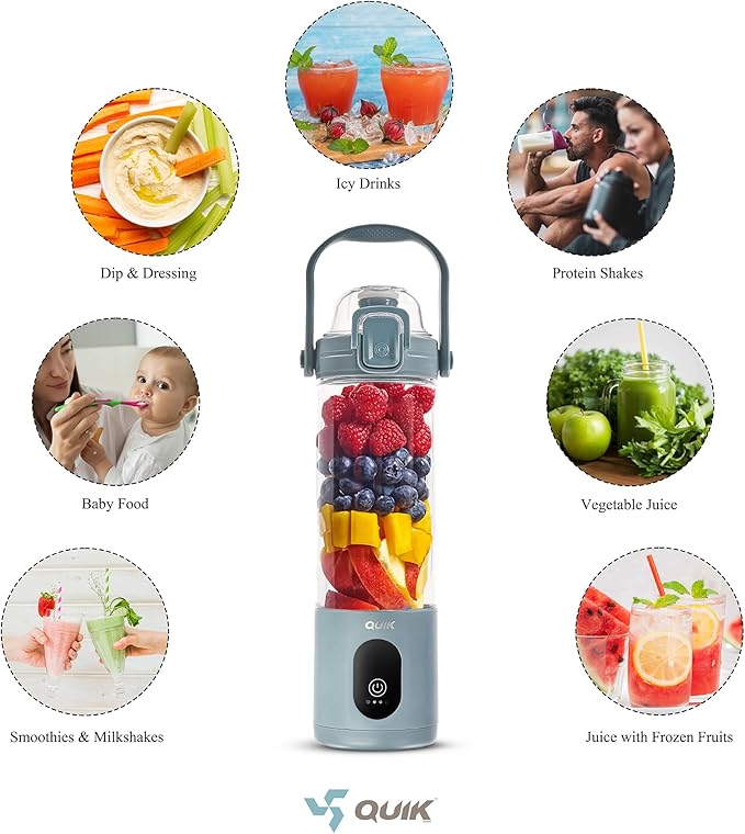 Portable Blender - Cordless 24oz. Personal Blender for Shakes and Smoothies, Licuadora, BPA Free - Ice Crush, Dishwasher safe parts, Waterproof, Triple Batteries, Juicer Cup (Gray)