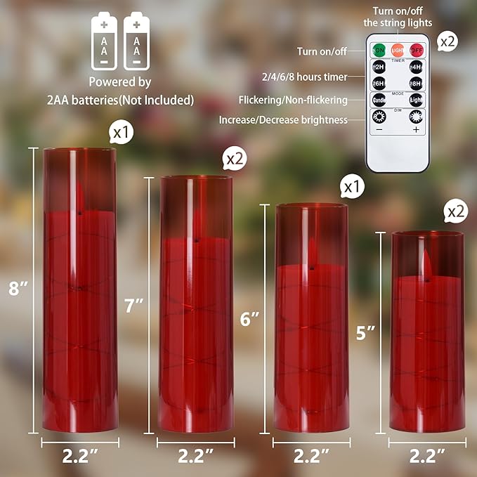Red Flameless Candles with Remote and String Light, 2.2"x 5",5",6",7",7",8" LED Battery Operated Plastic Flickering Timer Pillar Candles(Pack of 6,Turn On/Off String Light Mode)