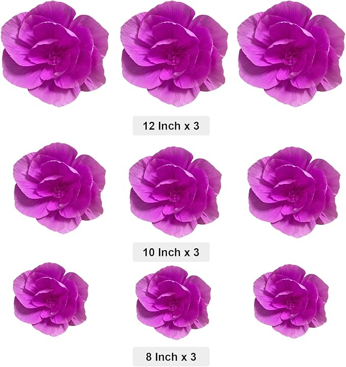 BRT Bearingshui Crepe Paper Flowers Decoration for Wall Total 9 Pcs, Artificial Flowers Backdrop for Wedding Decor Baby Bridal Shower Birthday Party, Rose Red 3D Wall Flowers Decor