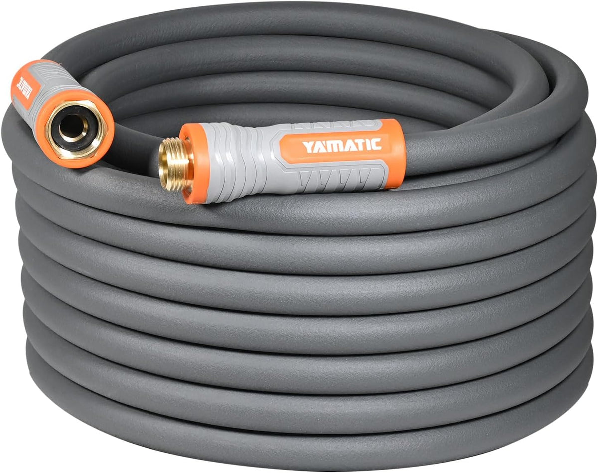 YAMATIC Heavy Duty Garden Hose 5/8 in x 75 ft with Swivel Handle, Super Flexible Water Hose, All-weather, Lightweight, Burst 600 PSI, Grey
