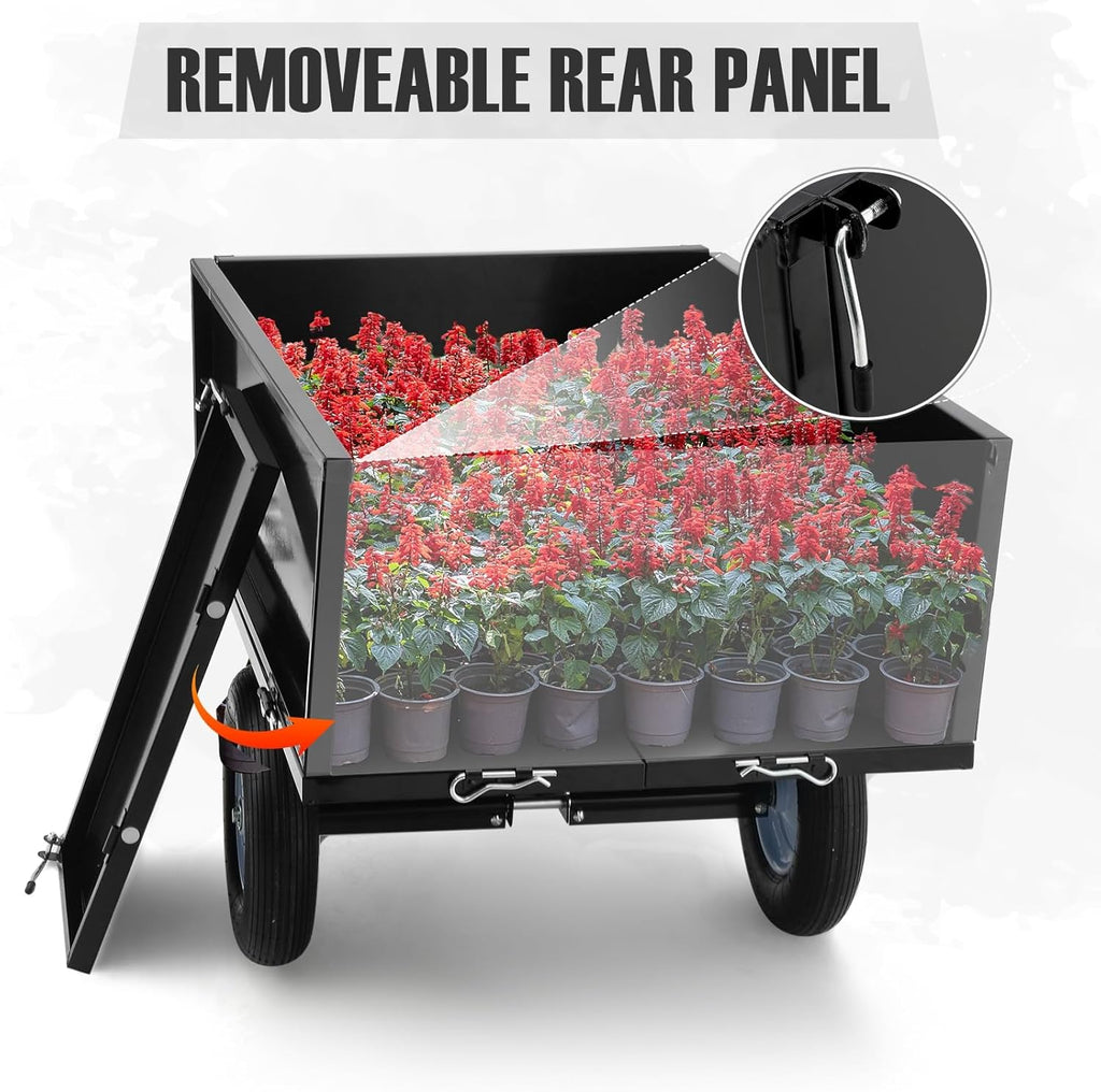Heavy Duty Steel Dump Trailer, 500 LBS/11.4 Cu.Ft Capacity Garden Dump Cart for Lawn Mower, Utility Trailer with Removeable Rear Panel, Designed for Tractor, ATV, UTV, Black