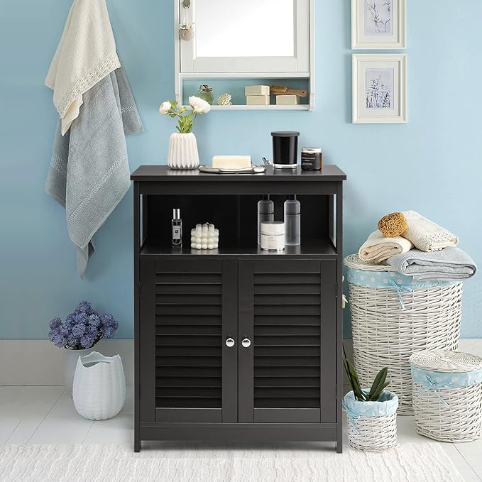 Tangkula Bathroom Floor Cabinet, Wooden Freestanding Storage Cabinet with Double Shutter Door & Adjustable Shelf, Storage Cabinet for Bathroom Living Room (Black)