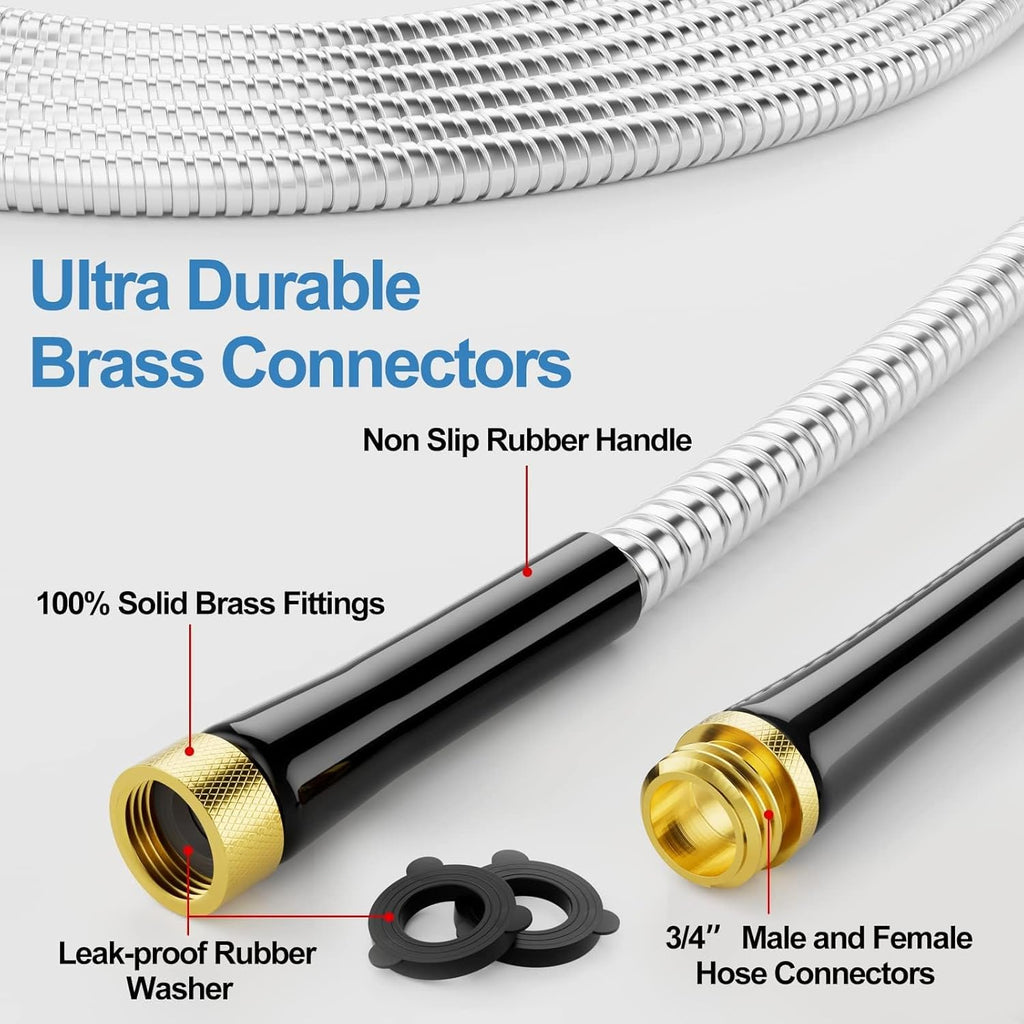 SPECILITE 100 ft 304 Stainless Steel Garden Hose Metal Heavy Duty Water Hose, Flexible Water Hose Pipe with 3/4" Solid Brass Connectors, No-Expandable Garden Hoses with Rubber Grip for Yard, Outdoor