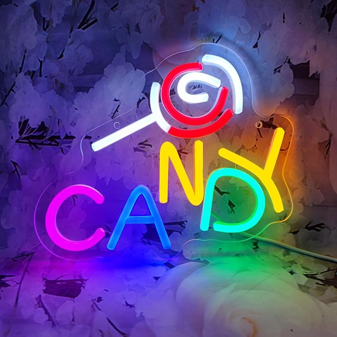 Candy Neon Sign Candy Bar Signs Candy Shop Neon Candy Sign Cherry Neon Sign Candy Display Snack Sign for Snack Sweet Shop Bedroom Birthday Party Decoration, 9.8"" x 8.1""