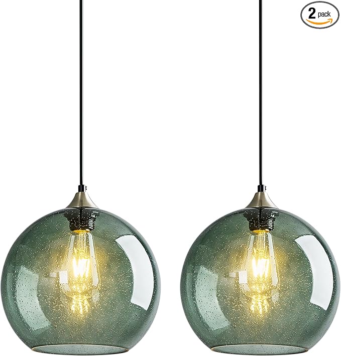 Gray Green Glass Pendant Lights Kitchen Island Lighting Globe Pendant Light Fixtures Modern Pendant Lighting for Kitchen Island Bedroom Living Dining Room Light Fixture(9.84in, 2-Pack)
