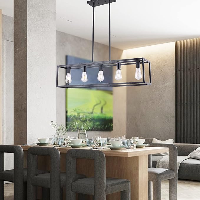 Kitchen Light Fixtures Dining Room Light Farmhouse Rectangle Chandeliers for Dining Rooms, Light Fixture Matte Black 5-Light Industrial Pendant Lighting