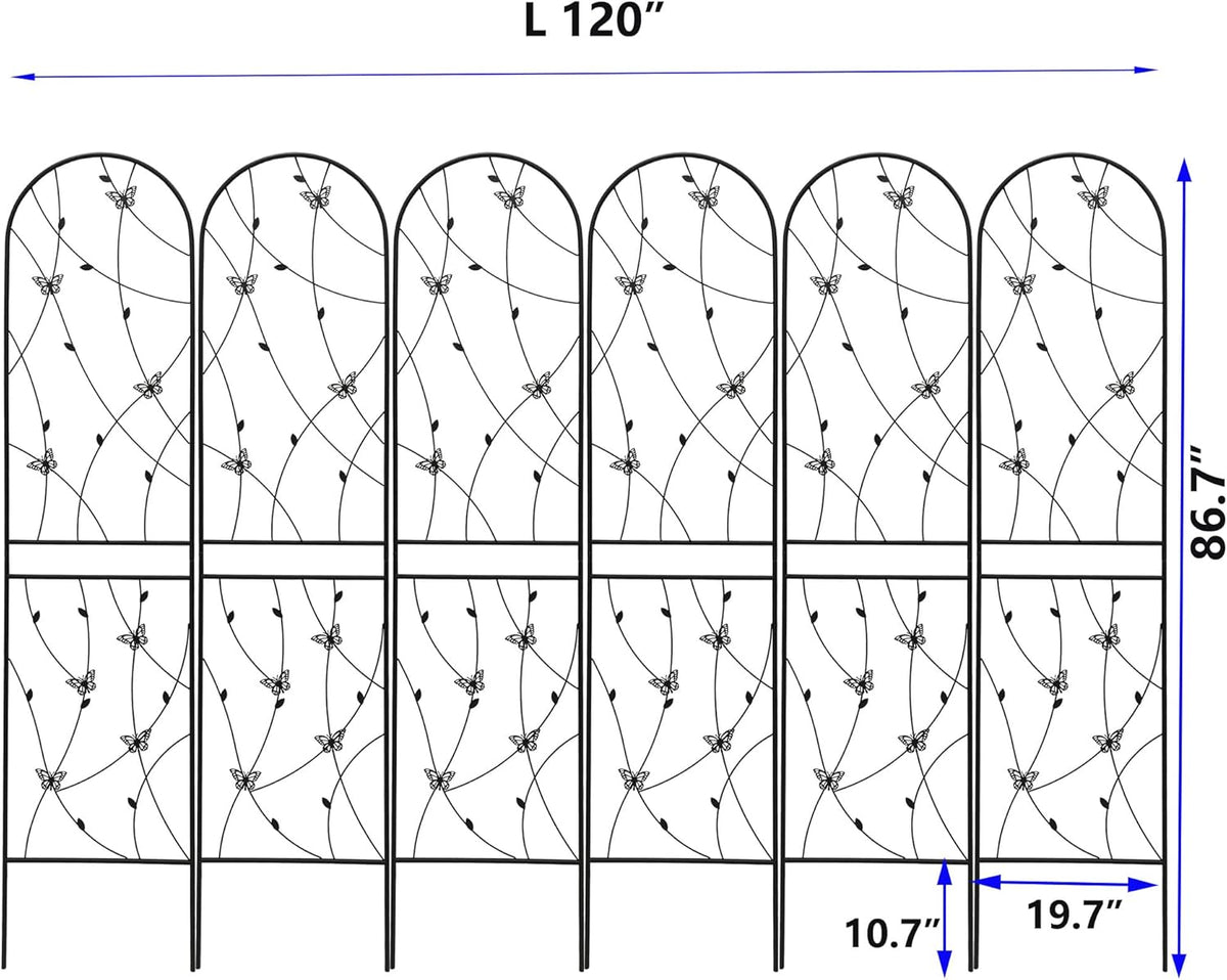 6 Pack Metal Garden Trellis 86.7" Tall Outdoor Climbing Plant Support for Roses, Flowers, Rustproof Durable Black Galvanized Tube, Lawn Garden Fence Decor Screen, 86.7" H