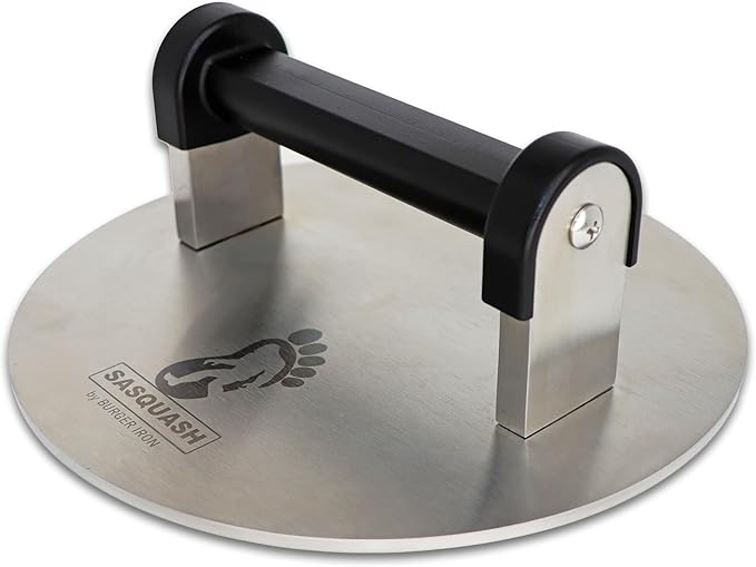 The Sasquash - Bigfoot Burger Smasher - Professional Grade Burger Press - Monster 8" Wide 3+ Pound Welded Stainless Steel Smashed Burger Grill Tool, Blackstone Griddle Steak Weight and Flat Top Press