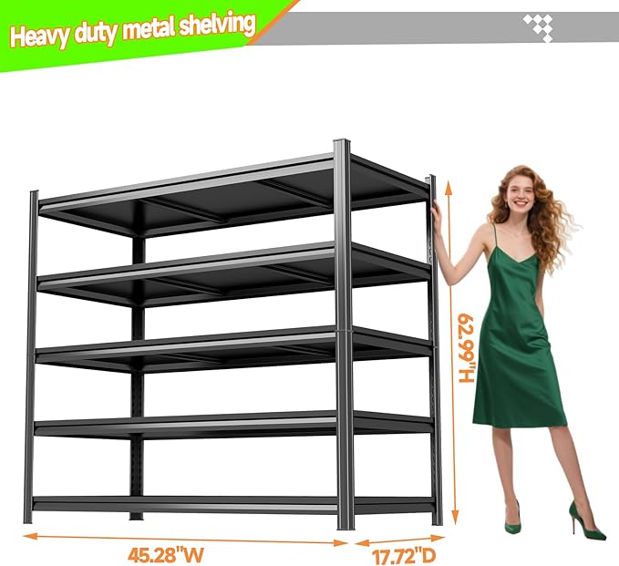 63" H Heavy Duty Garage Shelving Unit – 3000 lbs 5-Tier Adjustable Metal Storage Rack, Tool-Free Assembly, Rustproof Steel Organizer for Basement, Pantry, Warehouse, 45" W × 17.7" D × 63" H