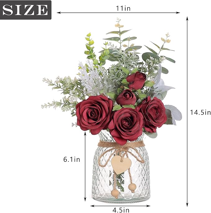 Faux Flowers with Vase,Artificial Silk Roses in Vase, Fake Plant Eucalyptus Flower Arrangement for Home Office Farmhouse Bathroom Dining Table Centerpiece Decorations Coffee Table Decor (Burgundy)