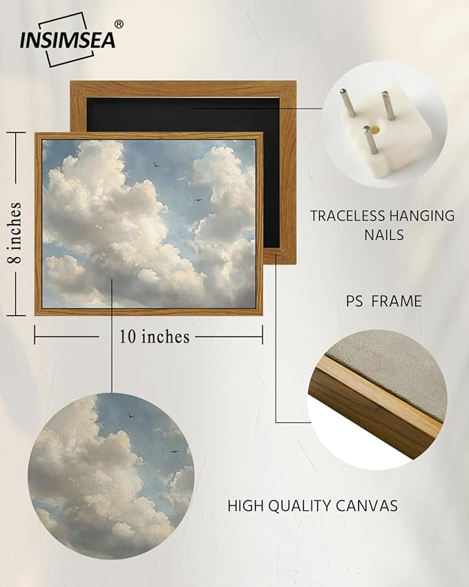 InSimSea Framed Wall Art for Living Room Cloud Canvas Wall Decor Bedroom Cloudy Artwork Retro Oil Paintings Pictures Prints Gallery Boho Vintage Cloudscape Soaring Birds Farmhouse Decor Office 8x10In