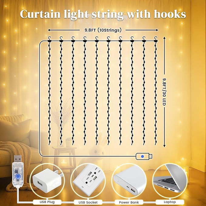 DomeStar 300 LED Curtain Lights for Bedroom, 9.8 x 9.8 FT Battery Operated Lights with 8 Modes Remote Christmas Hanging Wall Window Garden Decor (Warm White)