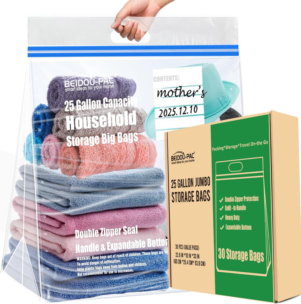 25 Gallon Jumbo Storage Bags with Handle, 30 Counts | Double Zipper Seal | Expandable Bottom, Resealable Clear zip Bags for Home Travel, Moving, Commercial and Outdoor