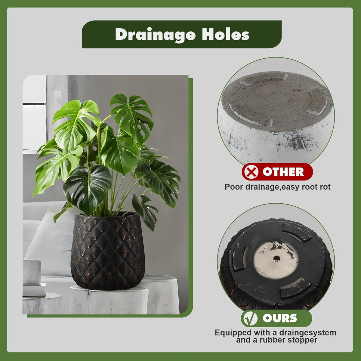 Craft flowerpots 18"+13"+9" Dia Round Concrete Planter Set of 3 Large Outdoor/Indoor Planter Pots Containers with Drainage Holes and Rubber Plug for Home Garden (Black, Large)