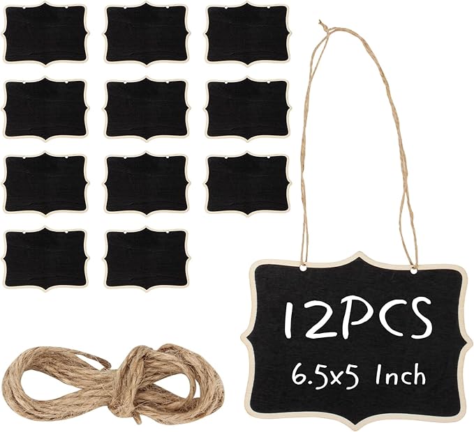 12 Pcs Mini Wooden Chalkboard Signs for Message Board Signs, Mini Chalkboards Hanging Price Tags with String, 6.5x5 Inch Rectangle Chalkboards Message Board Hanging Signs for Party Buffet Food