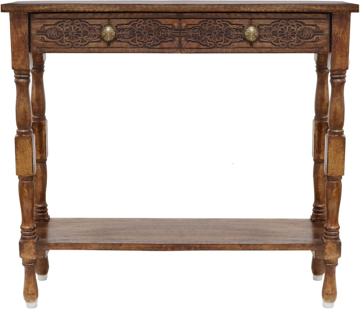 COTTON CRAFT Solid Wood Console Table - Hand Carved Accent Sofa Table | Antique Brown 36W x 32H x 11D Table with 2 Drawers- Small Space Hallway Entryway Transitional Traditional Farmhouse Furniture