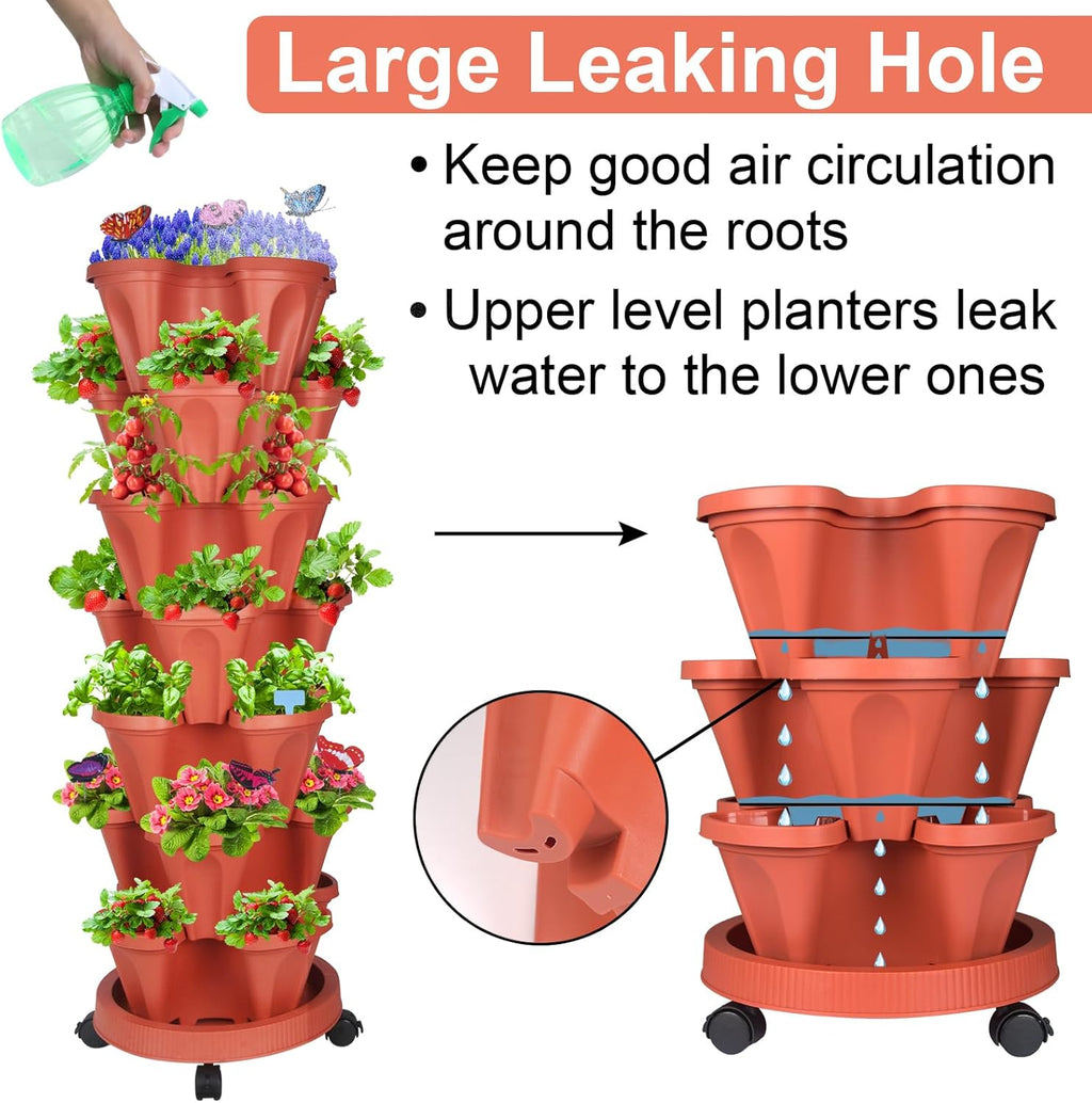 Vertical Planter, 7 Tier Stackable Strawberry Planter with Garden Tool Set, Movable Indoor/Outdoor Garden Herb Pot for Growing Vegetables and Succulents, Red