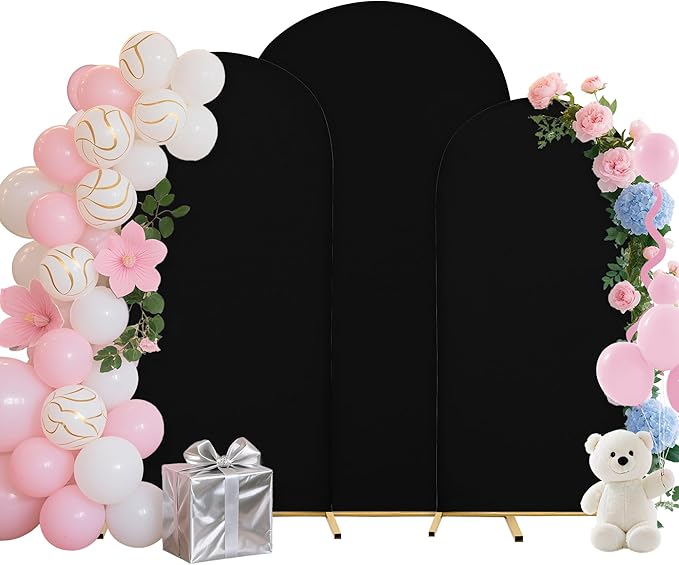 Wedding Arch Covers Arch Backdrop Cover Arch Stand Covers 7.2FT 6.6FT 6FT Set of 3 Arch Cover Spandex Fabric Stretchy Backdrop for Wedding Birthday Party Decoration Baby Shower (Black, Cover Only)
