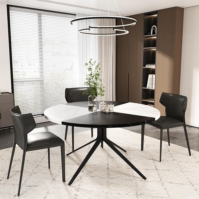 VOWNER Modern Round Dining Table for 4-6 People, 47 Inches Wood Kitchen Table, Dining Room Table with Metal Legs, Circle Coffee Dining Room for Living Room, Home, Apartment, Black and White