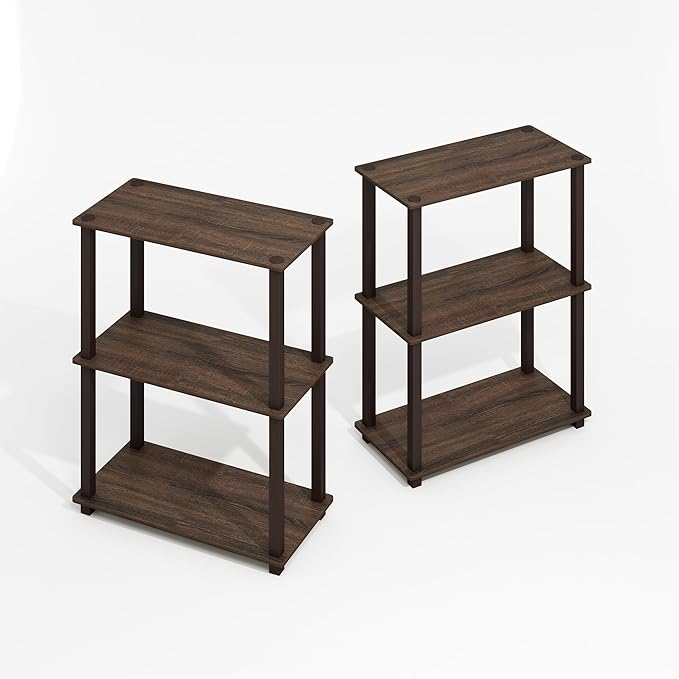 Furinno Turn-S-Tube 3-Tier Compact Multipurpose Shelf Display Rack with Square Tube, Black Walnut/Brown, Set of 2