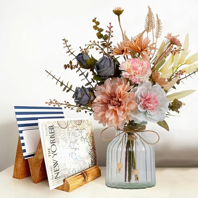 LESING Dahlia Flower Aritificial Flower with Vase Fake Silk Flowers in Glass Vase Faux Rose Flowers Arrangement for Home Office Table Centerpiece Decoration (Pink)