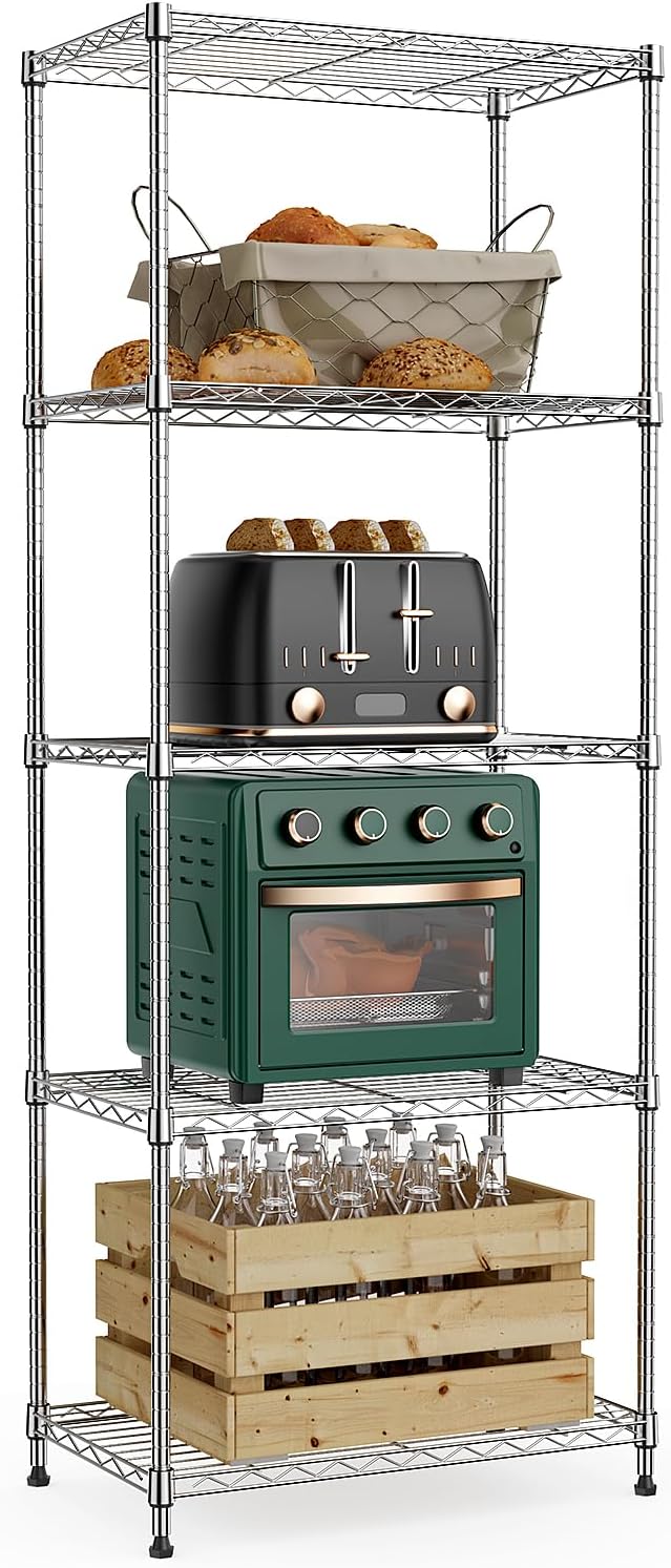 1250 lbs 5 Tier Shelf Metal Storage Shelves Wire Rack Closet Organizers with Wheel for Garage Kitchen Bathroom Laundry Chrome 13.7" D x 23.6" W x 62.4" H