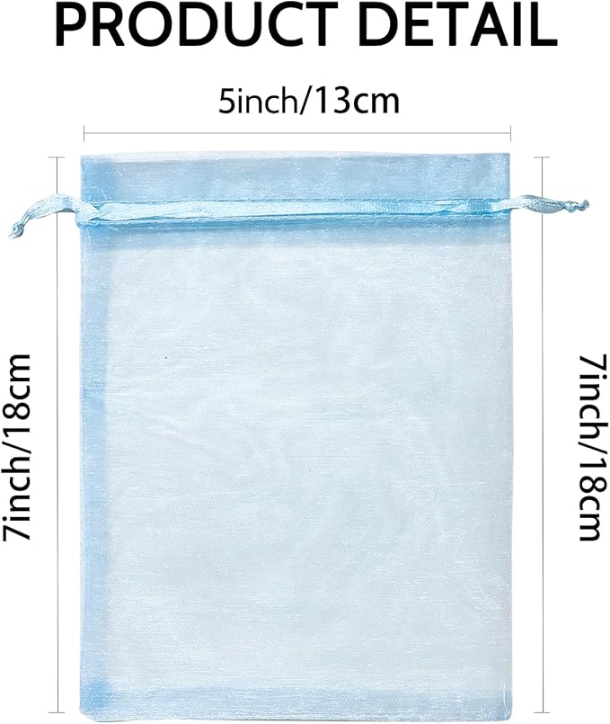Wudygirl 100PCS Sheer Organza Bags - 5x7 Inch Drawstring Jewelry & Candy Favor Bags for Wedding Party (Sky Blue)