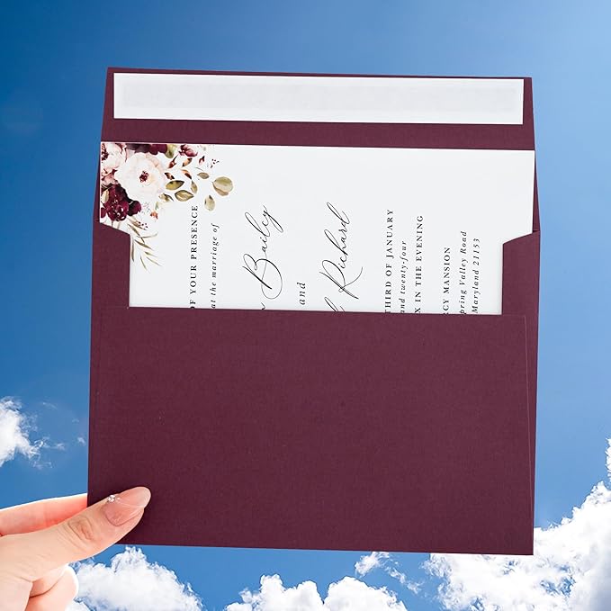 PONATIA 50PCS 5x7 Envelopes, Burgundy A7 Envelopes Self Seal for Weddings, Invitation Cards, Photos, Postcards, Greeting Cards Mailing, Baby Shower, Graduation, Christmas Gift Cards